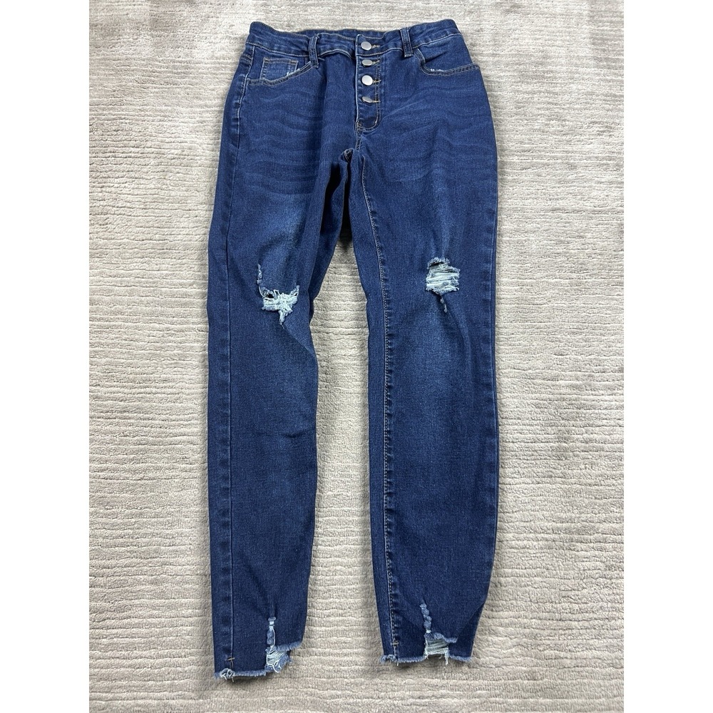 Shein Jeans Womens 30 Blue‎ Button Fly Dark Wash Raw Hem Distressed